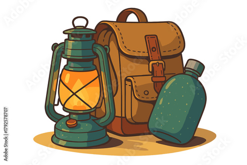 Vintage camping gear set featuring a glowing kerosene lantern, leather backpack, and water canteen