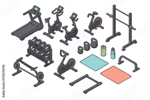 Isometric set of gym and fitness equipment including cardio machines and weights
