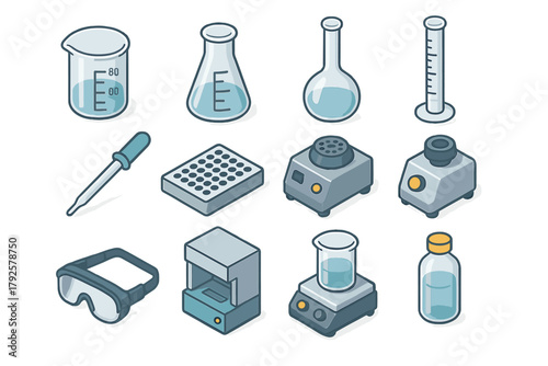 Isometric icons set of laboratory glassware, instruments, and safety gear for chemistry research