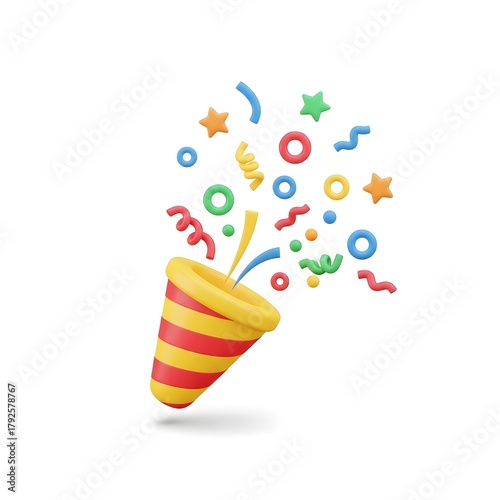 Colorful celebration party popper exploding with abstract confetti shapes and streamer elements for festive occasions