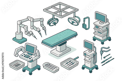 Modern surgical equipment set featuring operating table, robotic arms, and specialized medical tools