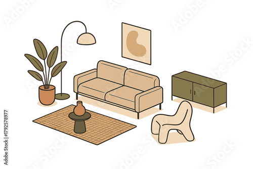 Cozy modern living room interior with stylish furniture and decor elements