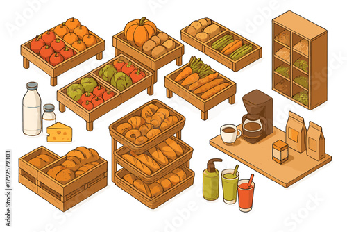 Isometric collection of fresh produce, baked goods, and grocery items for market display