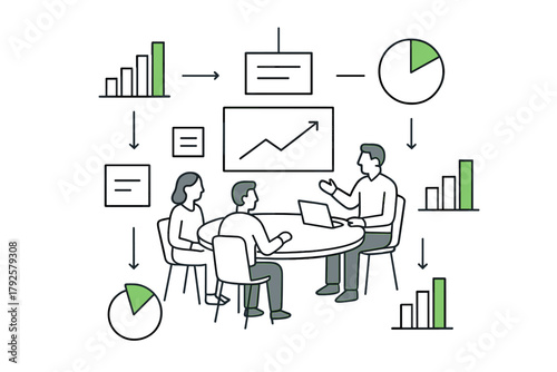 Business team meeting analyzing data flow and growth strategy using charts and graphs