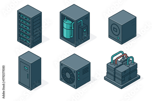Isometric icons set of data center equipment including server rack power supply and cooling