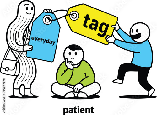 Two Characters Attaching Labels to a Pensive Person With Everyday Tag Text