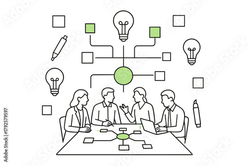 Business team meeting discussing ideas and strategic planning flowcharts