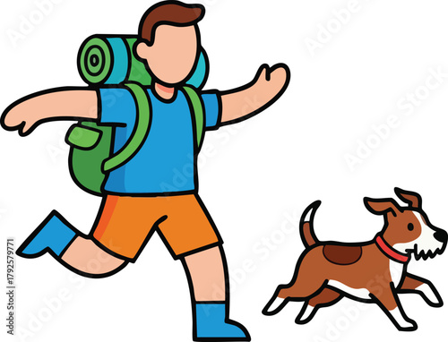 Man With Backpack And Dog Running Outdoors Casual Summer Day Outdoor Activity Recreation