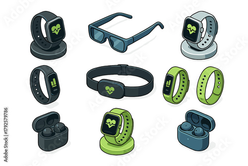 Modern wearable technology devices for fitness and health monitoring in isometric perspective