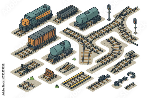 Isometric railroad rolling stock and track components collection
