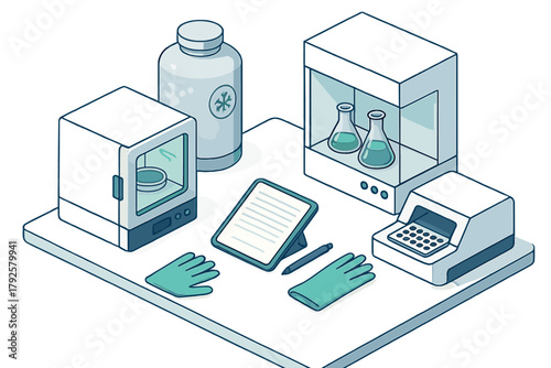 Isometric scientific laboratory setup with equipment and tools on a white workbench