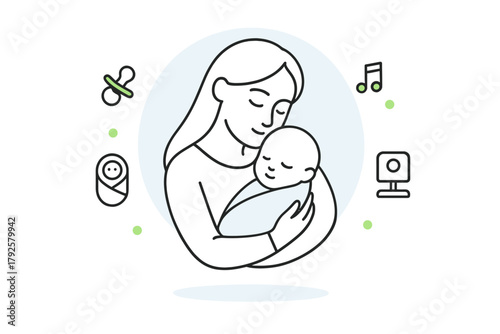 Mother tenderly holding sleeping newborn baby surrounded by care icons