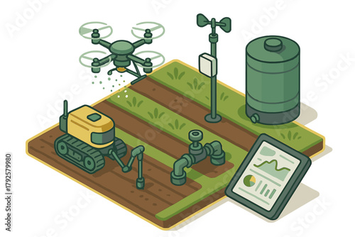 Isometric smart farming technology with drone and robotic equipment