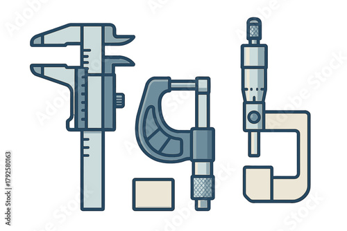 Set of precision measuring instruments including caliper, outside micrometer, and gauge