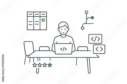 Programmer coding on laptop with project management task board and flowchart