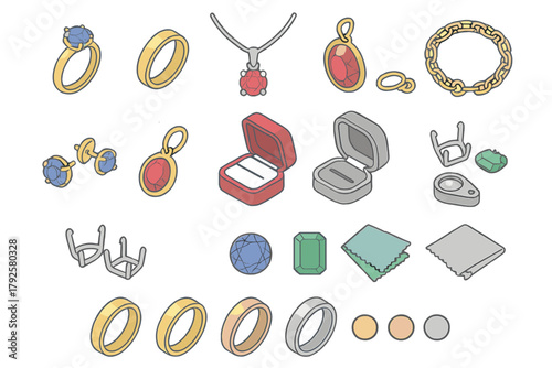Isometric set of luxury jewelry including gold rings, necklaces, earrings, and precious gems
