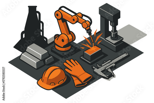Automated industrial manufacturing scene with robotic welding and raw materials