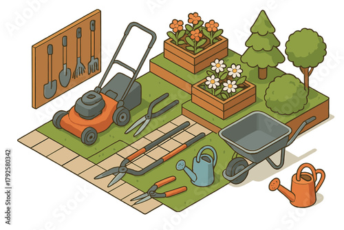 Isometric arrangement of essential gardening tools, lawnmower, wheelbarrow, shears, and potted plants