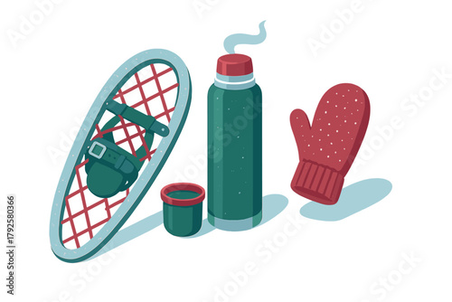 Essential winter hiking gear: snowshoe, hot thermos, and warm knitted mitten