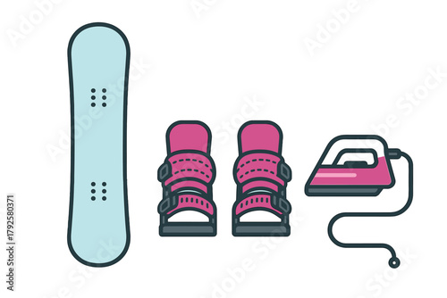 Snowboard waxing equipment set featuring board, bindings, and electric iron