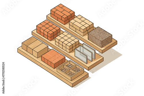 Isometric display of various building materials including bricks, wood, glass, and hardware components