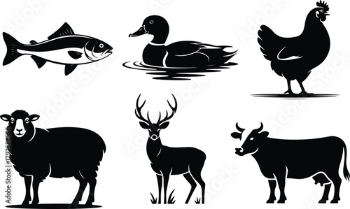 Silhouettes of farm animals and wildlife in a six panel illustration