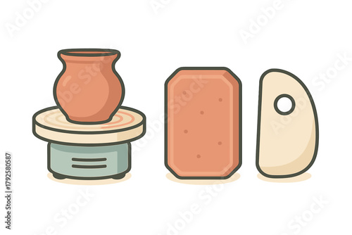 Ceramic pottery wheel with clay pot and sculpting tools for crafting artwork