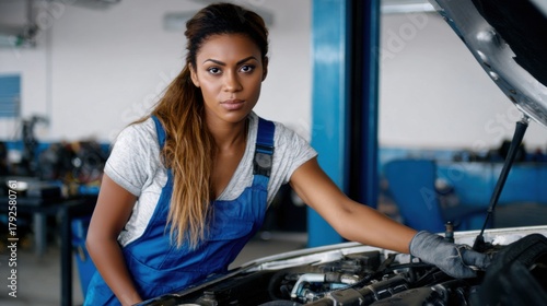 A female auto mechanic in uniform repairs a car engine in a workshop. A realistic scene of technical work.
