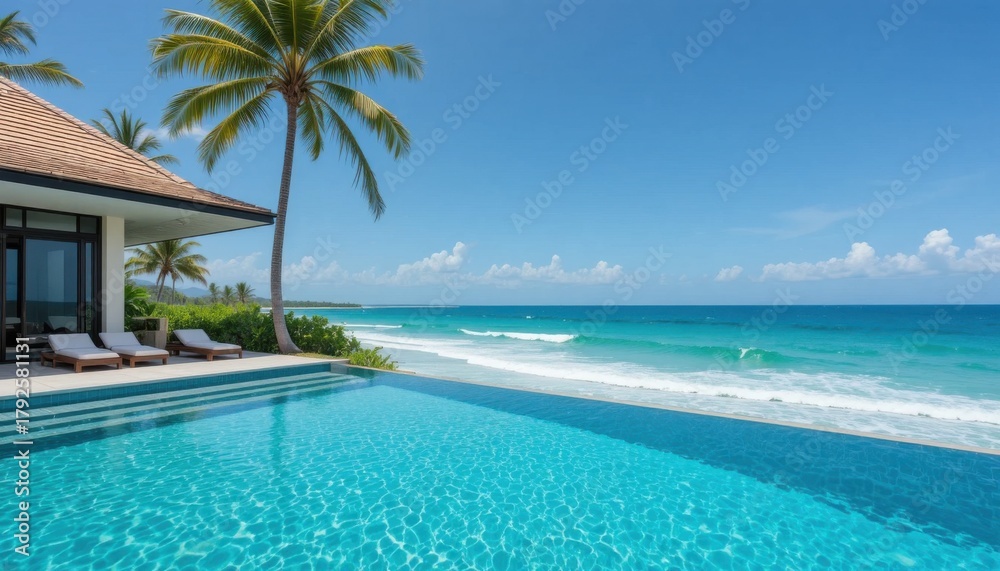 Fototapeta premium A seaside villa with infinity pool overlooking turquoise ocean waves, tropical palm trees, clear blue sky.