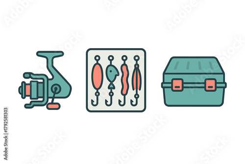 Essential fishing equipment set including spinning reel, various artificial lures, and a closed tackle box