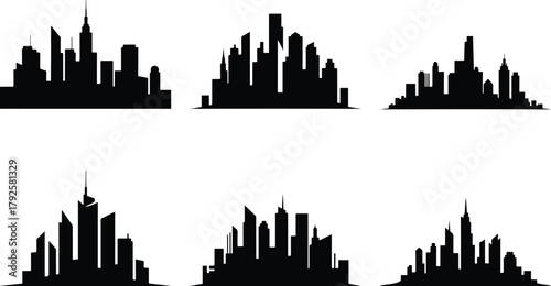 Collection of black city skyline silhouettes on white background