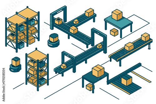 Automated logistics system in a modern warehouse with conveyor belts, storage racks, and robotic delivery