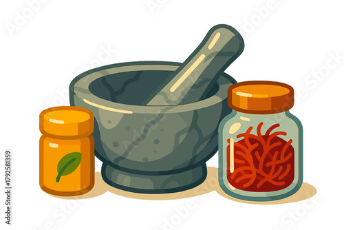 Herbal preparation setup featuring a stone mortar and pestle alongside jars of dried ingredients