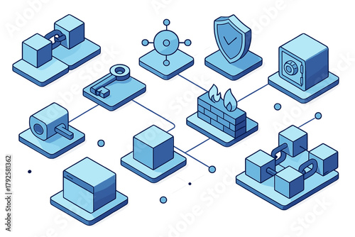 Isometric icons for digital network security and data protection concepts