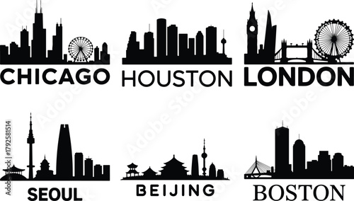 Iconic city skylines silhouettes collection