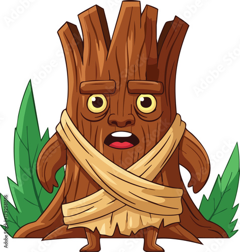 Cartoon Tree Creature With Human Face And Bandage Around Its Body Stands In Green Leaves