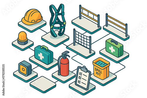 Isometric safety equipment and hazard control icons flowchart for workplace protection