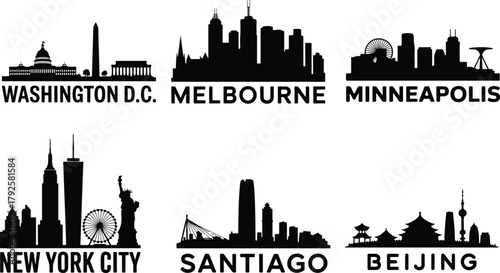 Iconic city skylines silhouettes of famous global cities