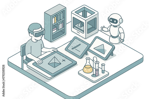Isometric view of virtual reality design and robotics laboratory setup