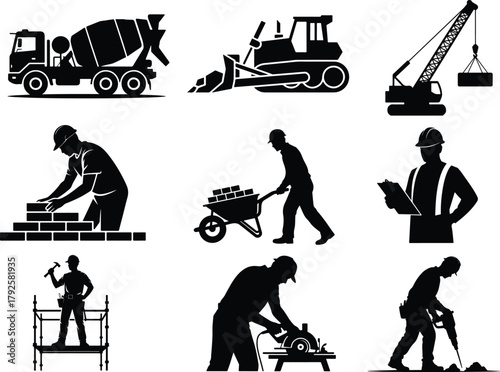 Construction workers and heavy machinery silhouettes in a grid layout