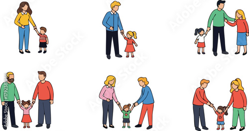 Pixel Art Family Groups Holding Hands White Background