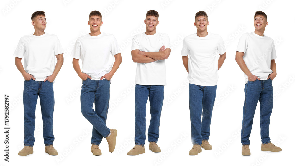 Obraz premium Young man wearing blue jeans on white background. Set of portraits