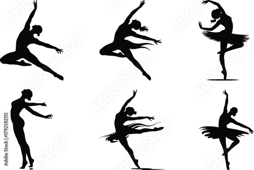 Silhouettes of ballet dancers in various graceful poses