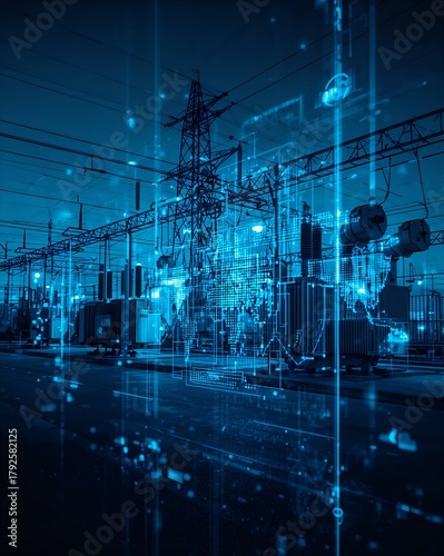 A futuristic electric power station with a digital overlay, representing technological advancement and energy