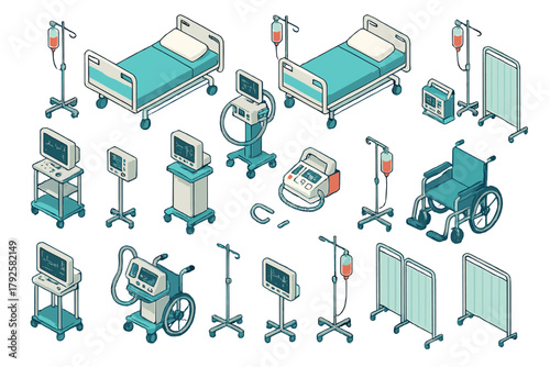 Isometric view of essential hospital room equipment including beds, monitors, and mobility aids