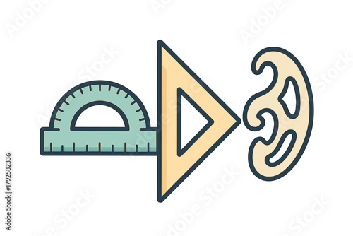 Collection of essential geometry and technical drawing instruments including protractor and ruler