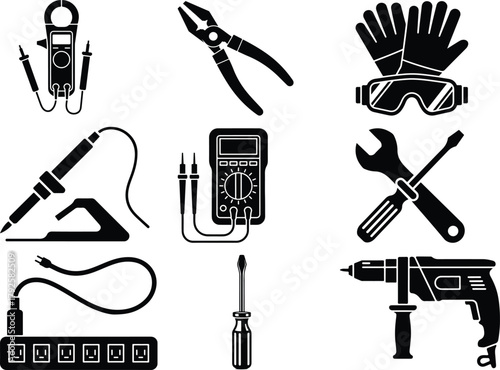 Collection of electrical tools and safety gear icons