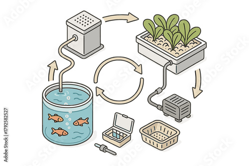 Closed loop aquaponics system cycle with water, fish, and hydroponic plants