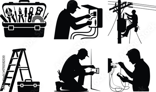 Illustrations of electricians working and tools of the trade
