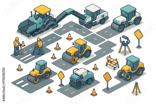 Isometric heavy machinery and workers for road building site